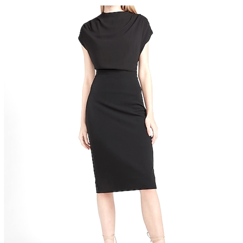 NWOT Express Draped Mock Neck Black MIDI Sheath Dress Size S